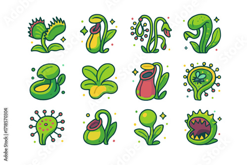 Isometric Carnivorous Plant Icons. Colorful isometric vector icons set of carnivorous plants: Venus flytrap, pitcher plant, sundew tendrils, cobra lily,