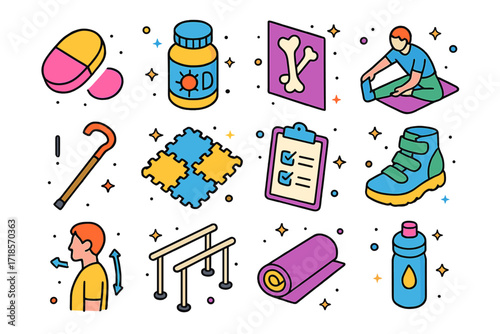 Fracture Prevention Icons. Colorful isometric vector icons set of fracture risk prevention: calcium tablet, vitamin D bottle, healthy bones poster, stretching