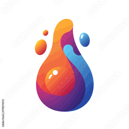 Abstract illustration of a colorful, stylized teardrop shape with fluid gradients and bubble accents, isolated on a white background.