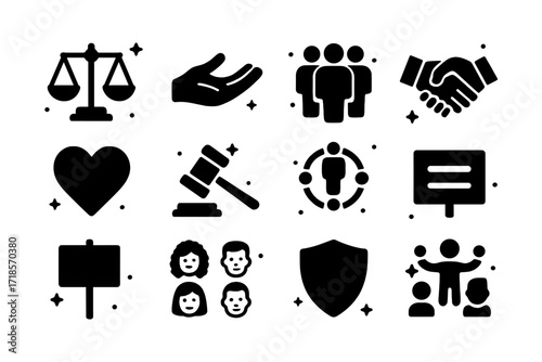 Symbols of Fairness. Fairness. Solid icons set of balanced scale, open hand, group of people, handshake, heart, justice hammer, inclusive circle, equality