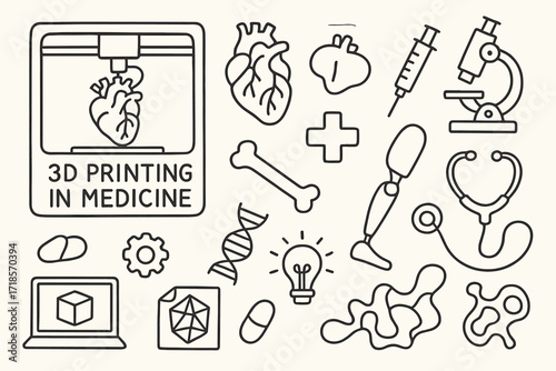 Medical 3D Printing Icons. Hand-drawn doodle illustration 3D printing in medicine 3D printer, anatomical heart, bone, prosthetic limb, syringe, cross symbol,