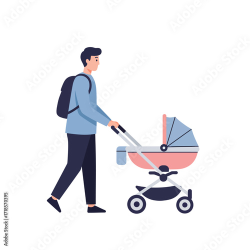 A man wearing a backpack pushes a pink baby stroller with a blue canopy, walking from left to right against a white background.