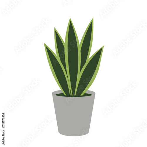A stylized illustration of a potted snake plant with tall, upright green leaves in a simple gray planter against a white background.