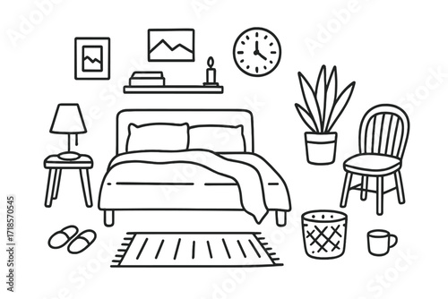 Minimalist Bedroom Doodles. Hand-drawn doodle illustration Minimalist Bedroom [bed, pillow, blanket, lamp, chair, plant, clock, shelf, picture frame, candle,