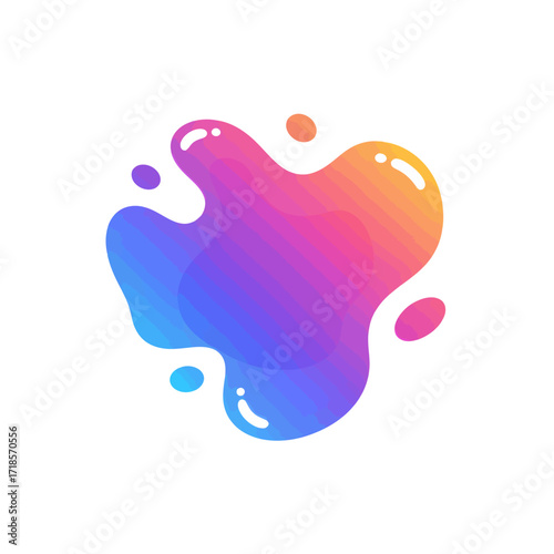 A vibrant, amorphous blob of liquid with a smooth gradient of colors, featuring a fluid shape and small, detached droplets.