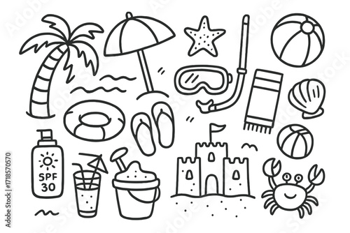 Beach Vacation Doodles. Hand-drawn doodle illustration Beach Vacation palm tree, beach umbrella, swim ring, starfish, waves, flip flops, sandcastle, sunscreen,