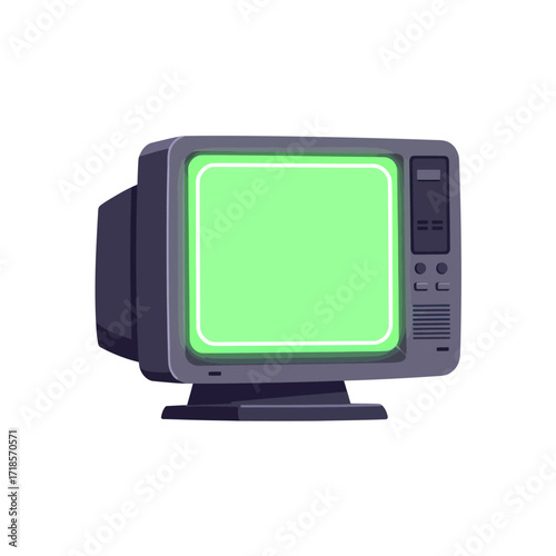 An isolated illustration of a vintage computer monitor with a glowing green screen, presented on a white background.