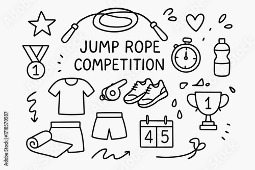 Jump Rope Essentials. Hand-drawn doodle illustration Jump rope competition jump rope, stopwatch, whistle, sneakers, medal, trophy, star, heart, sweat drops,