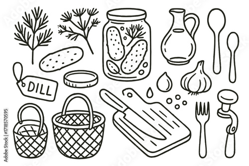 Pickling Essentials Illustration. Hand-drawn doodle illustration dill and pickling dill sprig, cucumber, jar, lid, vinegar bottle, garlic, peppercorns, spoon,