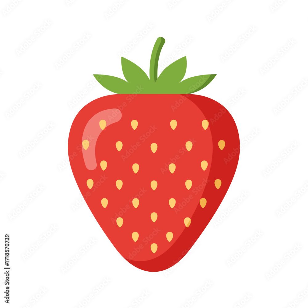 Fototapeta premium A single, ripe strawberry, illustrated in a flat design style, against a white background.