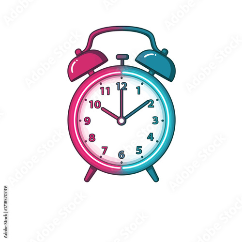 A stylized illustration of a classic twin-bell alarm clock split vertically into pink and blue colors.