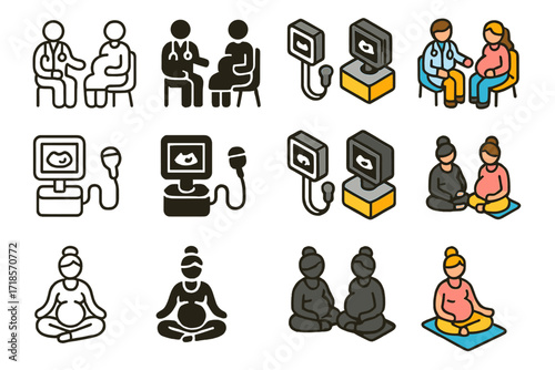 Prenatal Care Icons. Icon Set of Prenatal Care: Doctor consultation, Ultrasound device, Prenatal yoga. Icons set in vector style, emblematic variations. Doctor