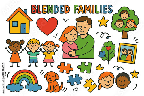 Blended Family Symbols. Blended Families. Colorful Hand-drawn doodle Children illustration Blended Families house, heart, two parents, step-siblings, puzzle