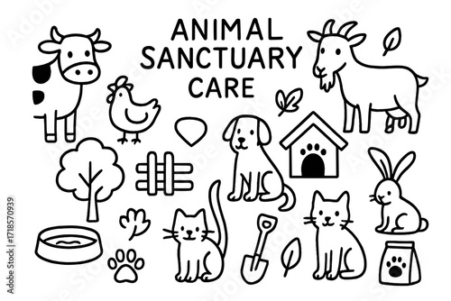 Animal Sanctuary Icons. Hand-drawn doodle illustration animal sanctuary care volunteer, cow, goat, chicken, dog, cat, rabbit, water bowl, food bag, tree,