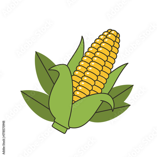 A vibrant illustration of a ripe ear of yellow corn, partially husked, with prominent green leaves surrounding it, showcasing its kernels and stalks.