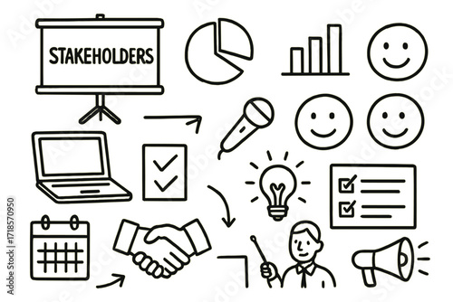 Presentation Doodle Icons. Hand-drawn doodle illustration stakeholder presentation projector screen, pie chart, bar graph, laptop, microphone, handshake,