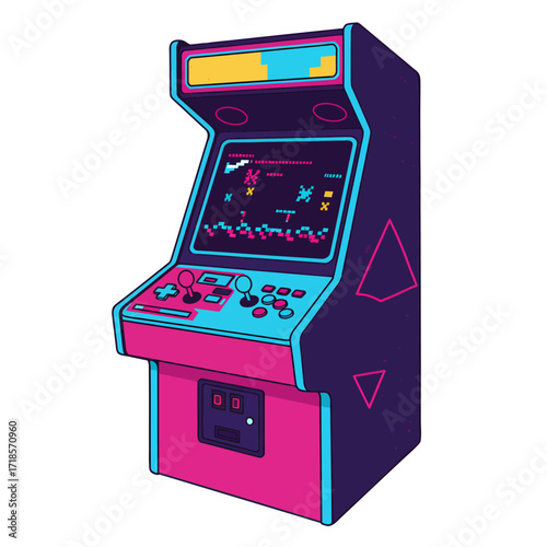 A vibrant, retro-style arcade game machine stands at an angle, featuring a screen with a space-themed game, colorful buttons, and a joystick, all rendered in...