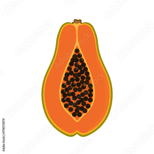 A ripe papaya fruit cut in half lengthwise, revealing its vibrant orange flesh and black seeds.