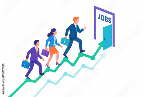 Business people striving for job opportunities and career growth depicted on a positive trend line