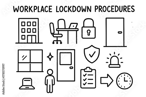 Office Lockdown Doodles. Hand-drawn doodle illustration Workplace lockdown procedures [office building, desk, chair, lock, door, window, phone, laptop, shield,