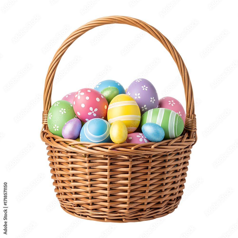Naklejka premium Colorful Easter Eggs in Wicker Basket, Spring Holiday