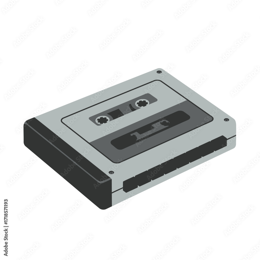 Fototapeta premium Gray cassette tape, vintage audio recording device, flat style illustration.