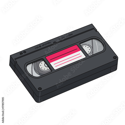 A vintage VHS video cassette tape, black plastic casing, pink label, isometric view.
