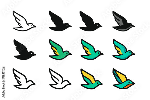 Gliding Bird Logos. Set Logo of Fresh Breeze: Gliding bird. Logo set in vector style, emblematic variations. line, bold thick line, solid black filled, solid