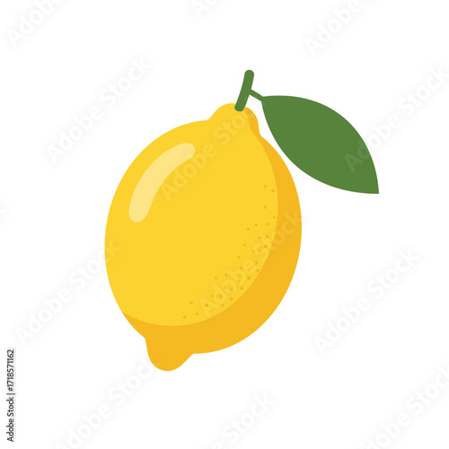 A single, ripe yellow lemon with a green leaf, illustrated in a simple, flat style.