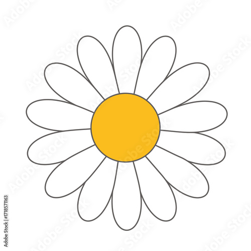 A simple graphic illustration of a white daisy flower with a yellow center on a plain white background.