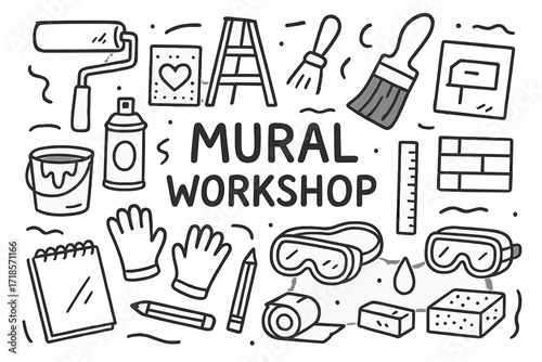 Mural Workshop Tools. Hand-drawn doodle illustration Mural Workshop [paint roller, ladder, big brush, bucket, spray can, stencil, wall outline, goggles,