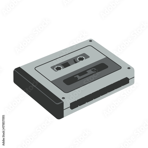 Gray cassette tape, vintage audio recording device, flat style illustration.