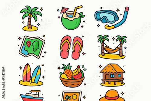 Tropical Island Icon Set. Colorful isometric vector icons set of tropical island escapes: palm trees, coconut drinks, snorkeling gear, island map, flip flops,