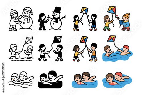 Seasonal Sibling Icons. Icon Set of Seasonal sibling fun: siblings building snowman, flying kite, swimming. Icons set in vector style, emblematic variations.