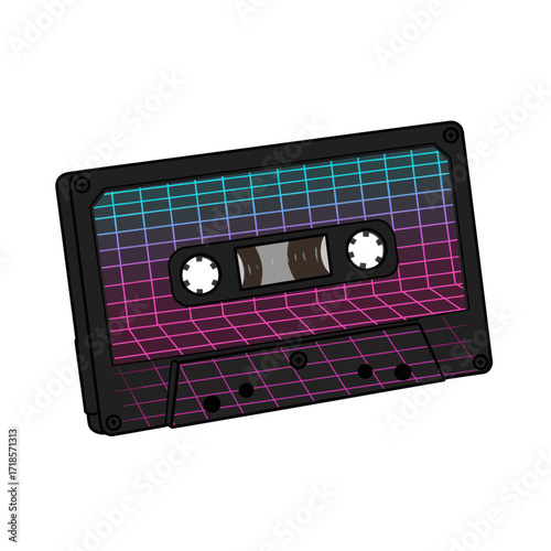 A retro-styled illustration of a cassette tape with a vibrant, gradient grid design, isolated on white.