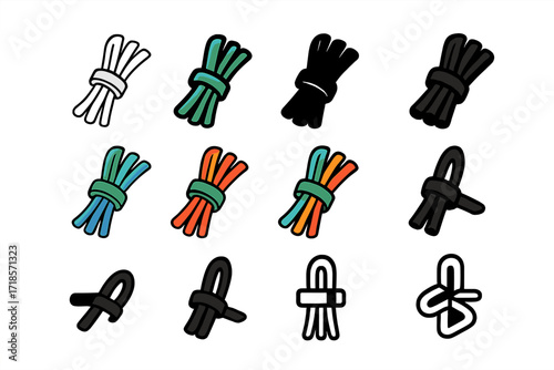 Neat Cable Logo Set. Set Logo of Arranging office cables neatly: Velcro cable tie strap. Logo set in vector style, emblematic variations. line, bold thick