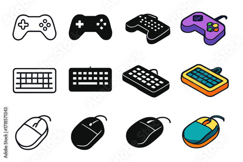 Game Development Icons. Icon Set of Game development basics: game controller, keyboard, mouse. Icons set in vector style, emblematic variations. Game