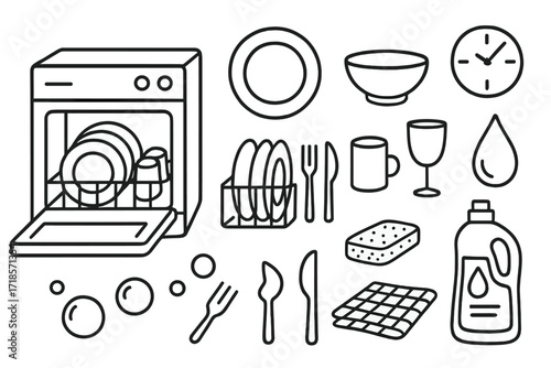 Dishwasher Doodle Art. Hand-drawn doodle illustration Dishwasher with dishes dishwasher door, dish rack, plate, bowl, cup, glass, fork, knife, spoon, bubbles,