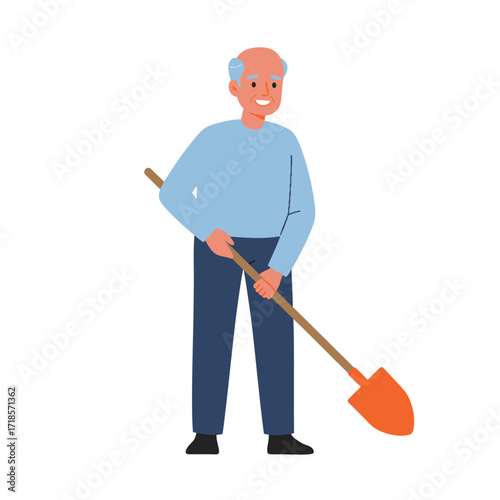 A cheerful senior man with a bald head and grey hair holds a shovel for gardening.