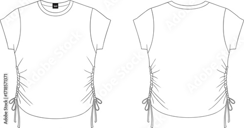 Trendy short sleeve t-shirt fashion flat sketch, ruched side drawstring detail, casual women’s top design template, apparel sewing pattern illustration