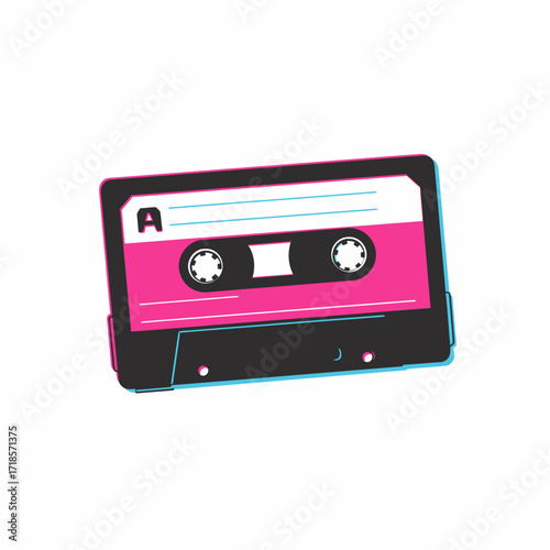 A vibrant pink and black audio cassette tape with a white label, representing retro music and analog sound recording.