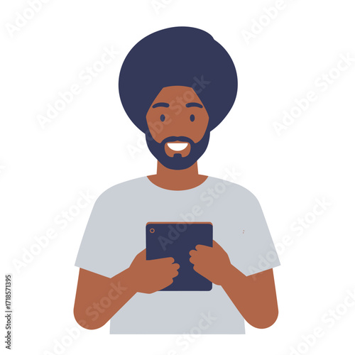 A smiling Black man with an afro and beard holding a tablet computer.