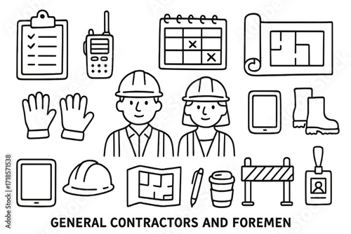 Construction Tools Doodle. Hand-drawn doodle illustration General contractors and foremen clipboard, walkie-talkie, construction schedule, blueprint, gloves,
