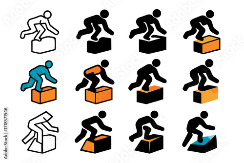 Dynamic Parkour Logos. Set Logo of Fast-Paced Sports: parkour vault over obstacle. Logo set in vector style, emblematic variations. line, bold thick line,