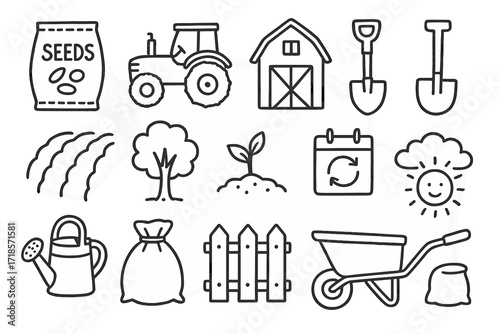 Farm Tools Doodle. Hand-drawn doodle illustration crop rotation seed bag, tractor, barn, shovel, hoe, plowed rows, tree, sprout, watering can, calendar, sun,