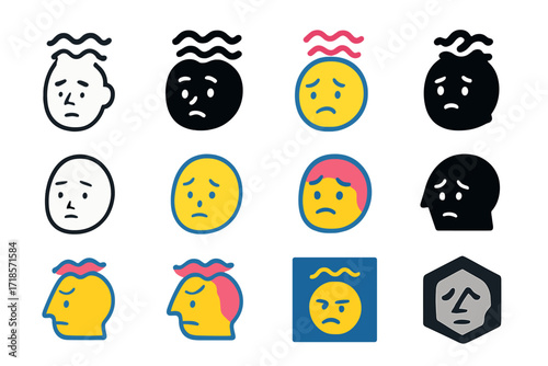 Anxiety Face Logos. Set Logo of Withdrawal Symptoms: anxiety face. Logo set in vector style, emblematic variations. line, bold thick line, solid black filled,