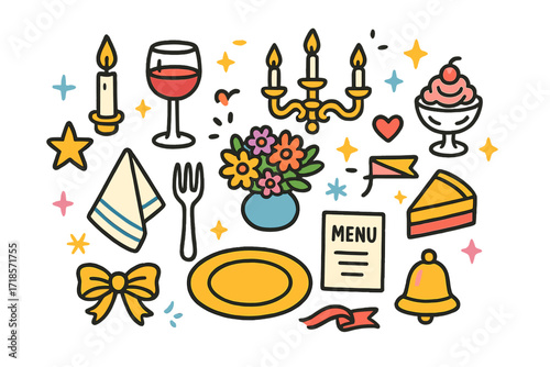 Festive Dinner Doodles. Colorful Hand-drawn doodle Children illustration Fancy dinner table wine glass, candle, golden plate, silver fork, napkin, bouquet,