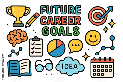 Future Goals Doodle. Colorful Hand-drawn doodle Children illustration Future Career Goals trophy, pencil, target board, rising arrow, brain, clipboard, pie