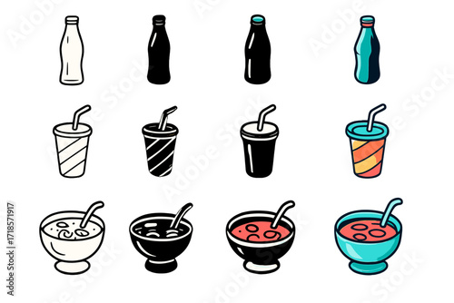 Retro Drink Icon Set. Icon Set of Retro summer drinks: glass soda bottle, striped straw cup, punch bowl. Icons set in vector style, emblematic variations.