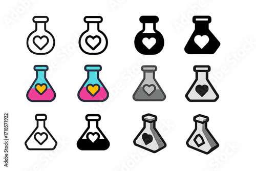Love Potion Logos. Set Logo of Flasks: Flask with heart symbol (love potion). Logo set in vector style, emblematic variations. line, bold thick line, solid